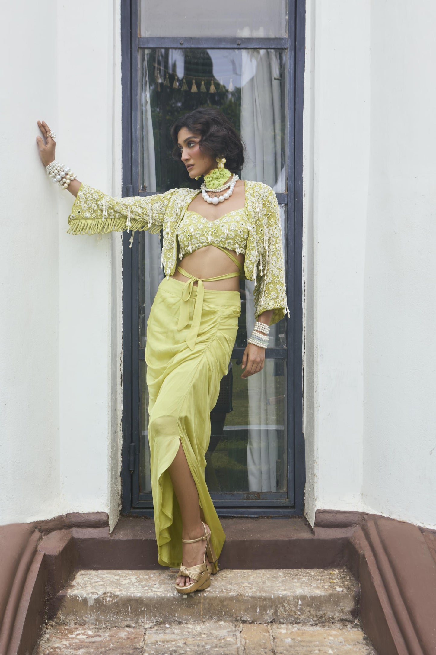 "Citrine" jacket with embroidered bustier & Drape skirt