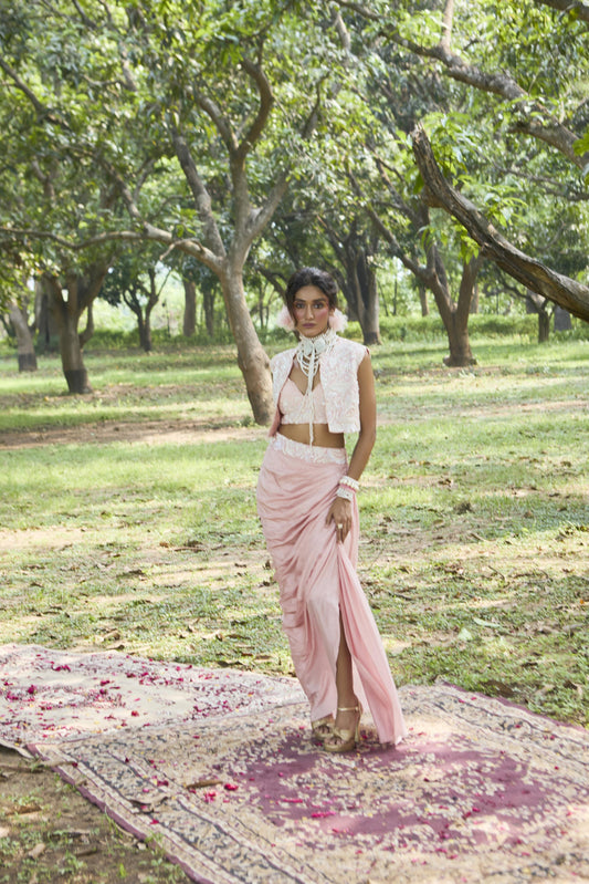 "Swan" jacket with embroidered Blouse & drape Skirt