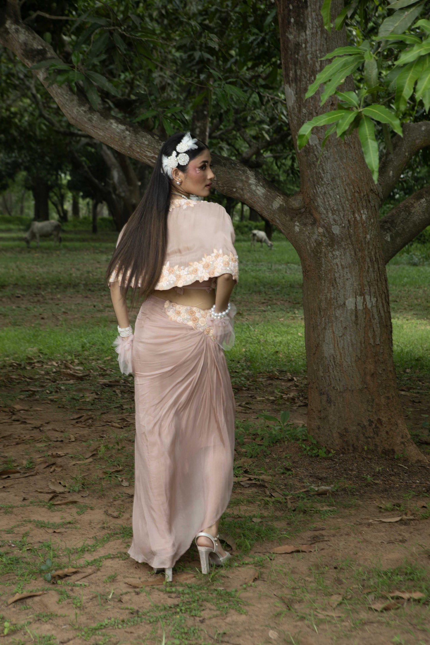 "Marie" cape with embroidered bustier & drape skirt.