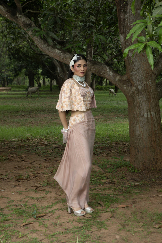 "Marie" cape with embroidered bustier & drape skirt.