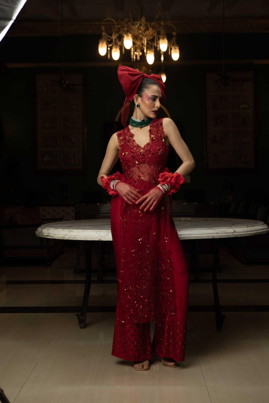 "Redacted" Overlay With Bustier & Flared Embroidered Pants