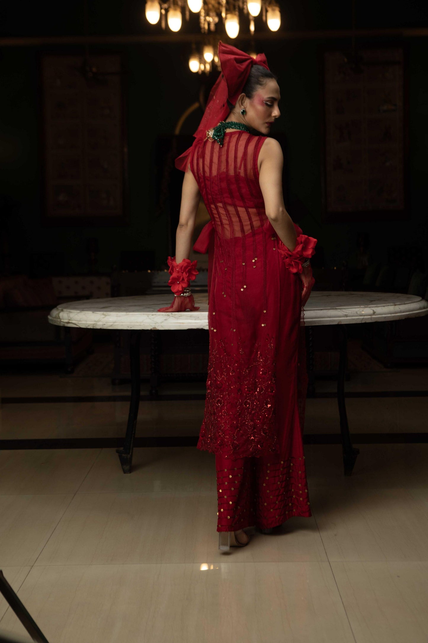 "Redacted" Overlay With Bustier & Flared Embroidered Pants