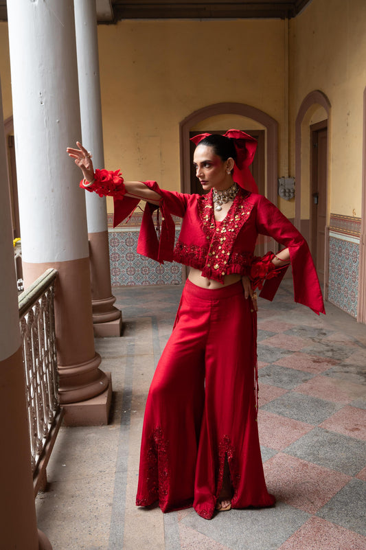 "Berry Silk" Jacket With Bustier & Flared Pants