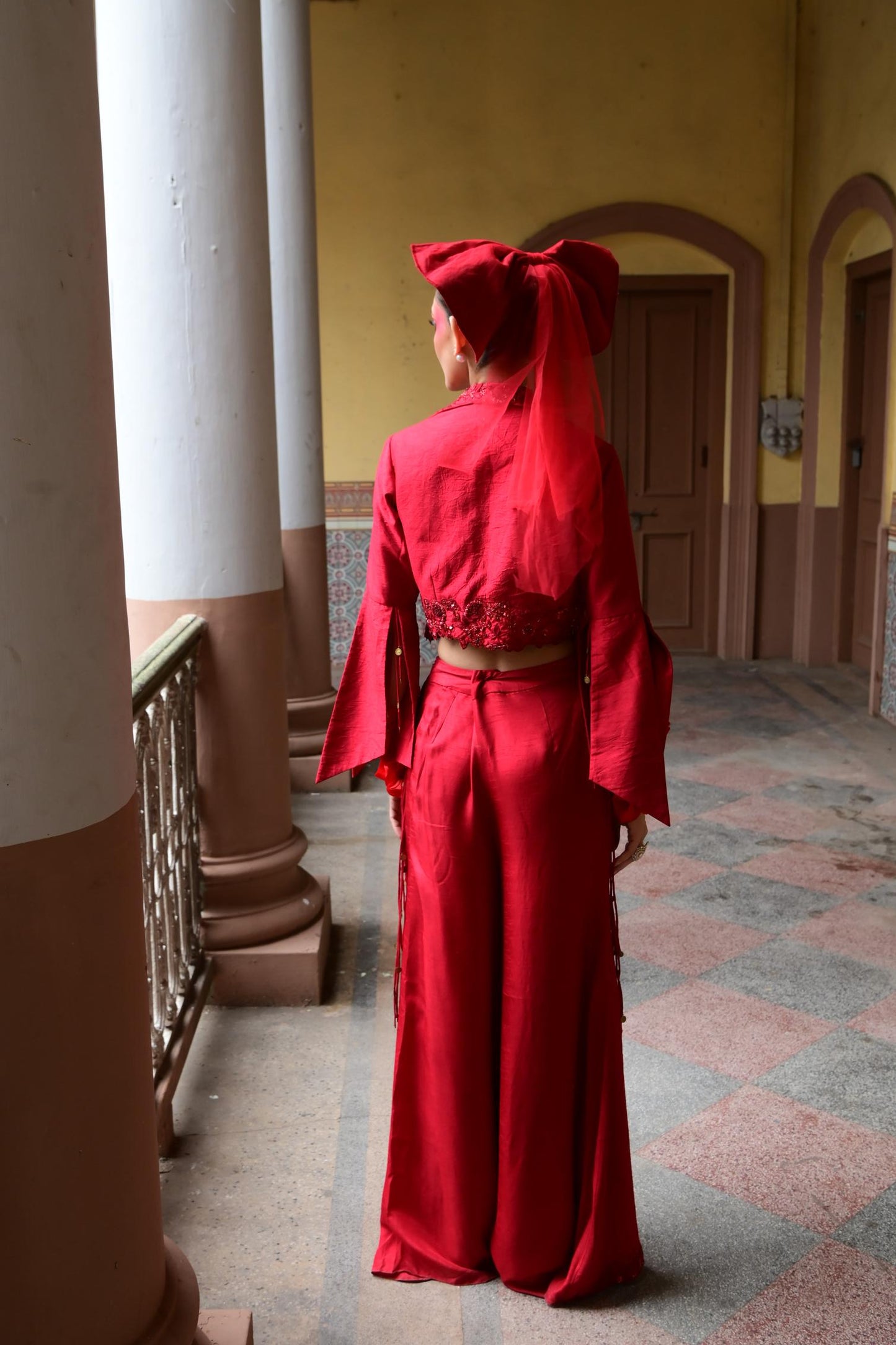 "Berry Silk" Jacket With Bustier & Flared Pants