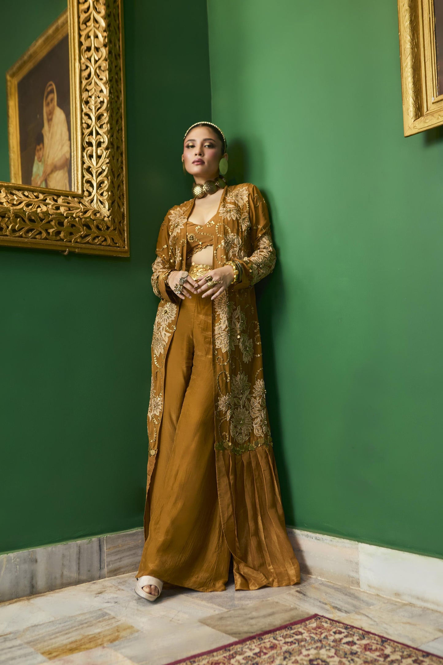 "Rayne" cape with Embroidered blouse and Flared pants