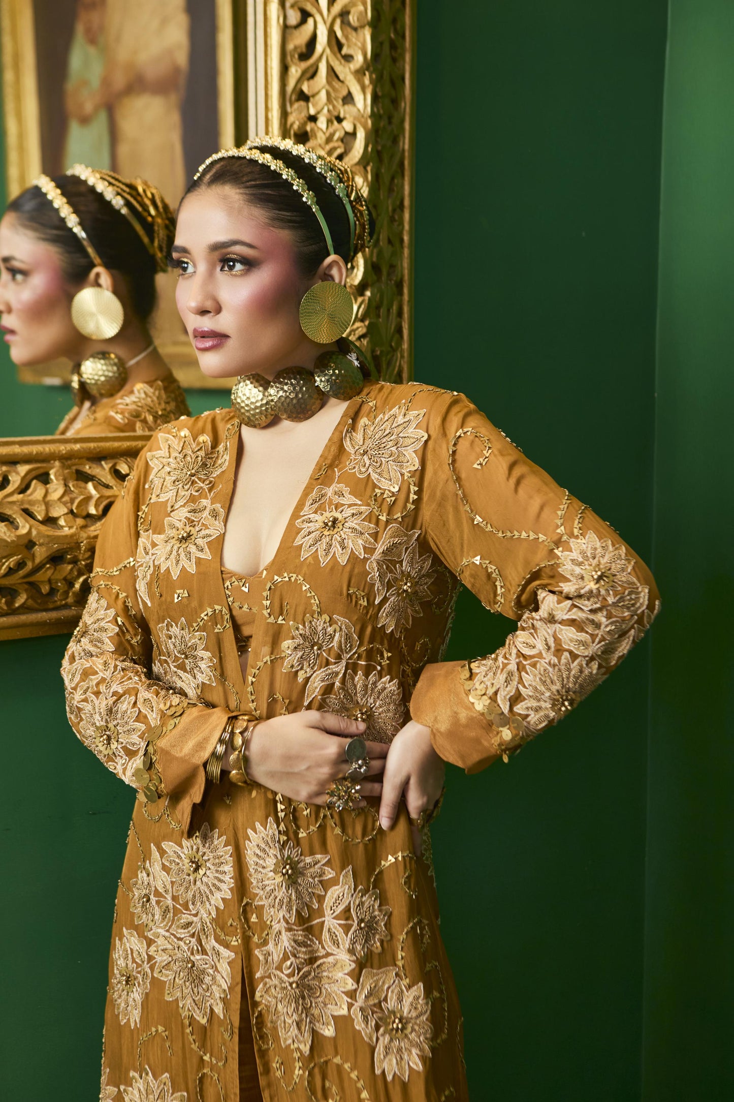 "Rayne" cape with Embroidered blouse and Flared pants