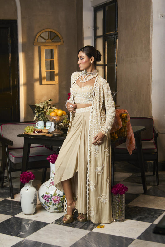 "Cameo" cape with bustier and drape skirt