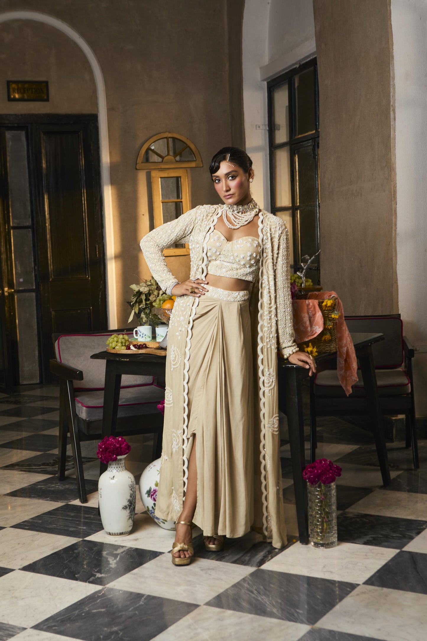 "Cameo" cape with bustier and drape skirt