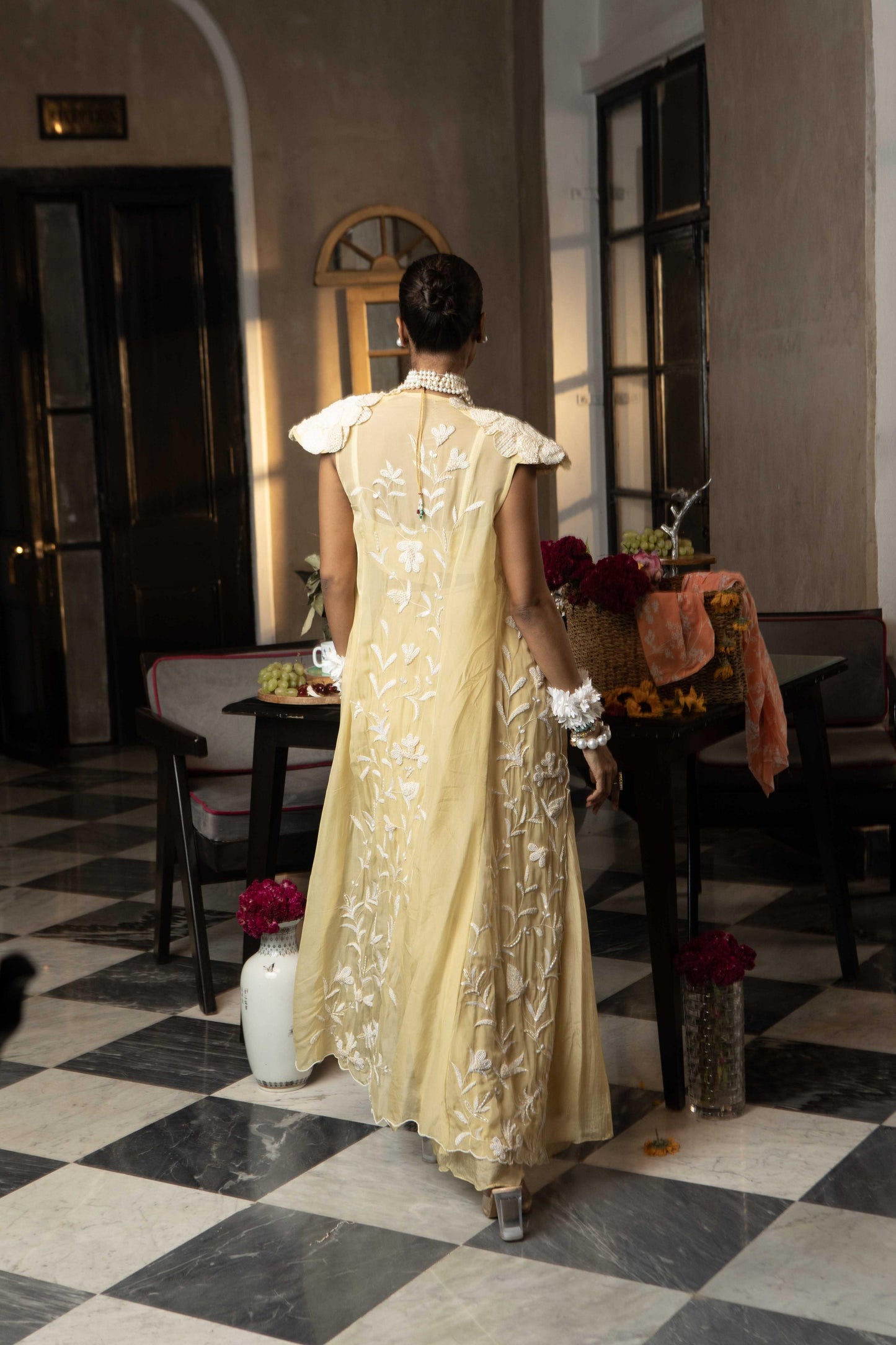 "Fossil" cape with bustier & drape skirt