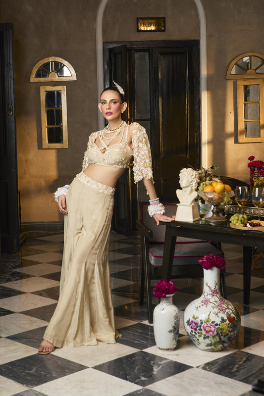 "Twine" cape with embroidered blouse and pants