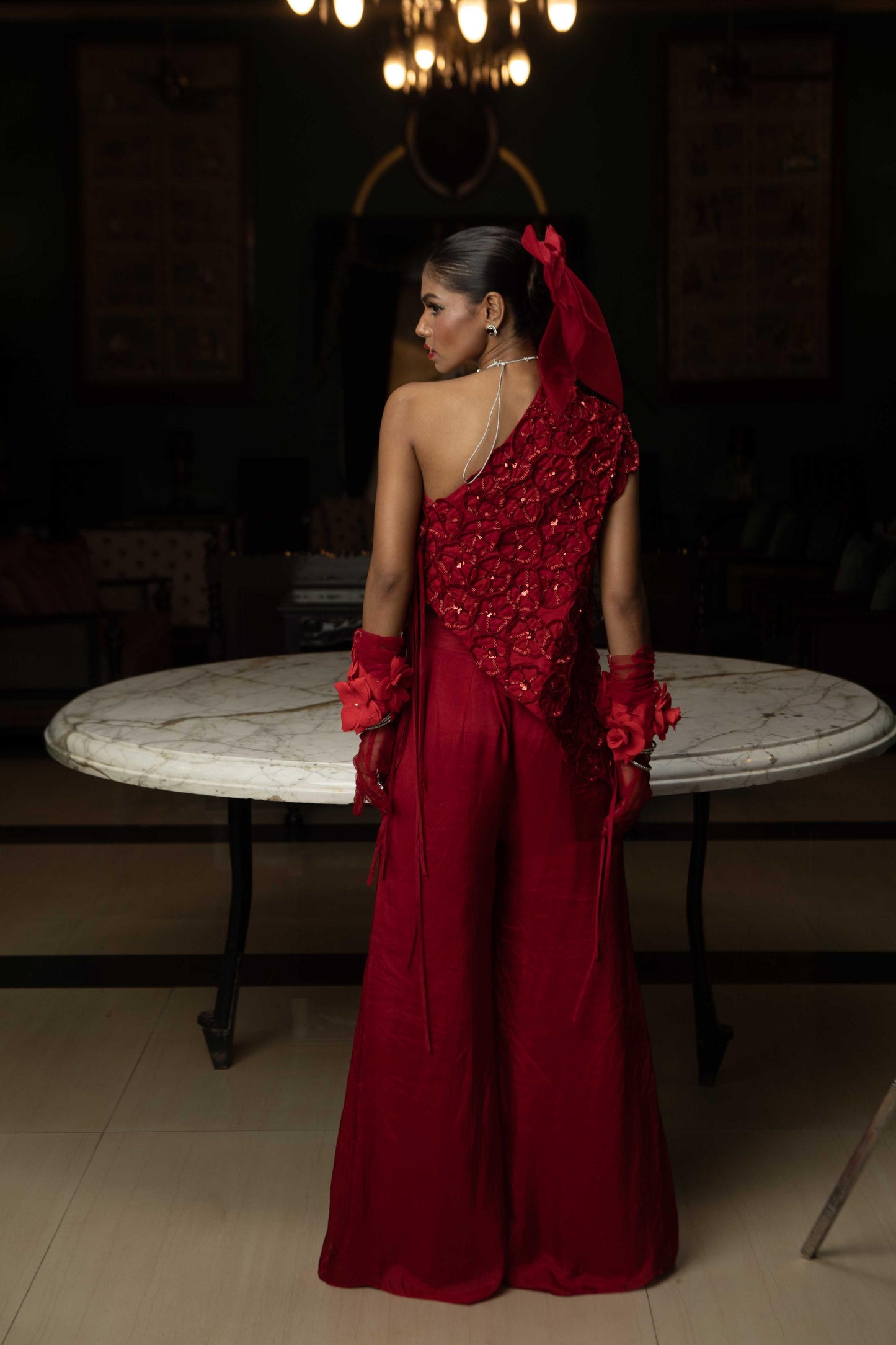 "Bark Edge" Cape With Bustier & Flared Pants