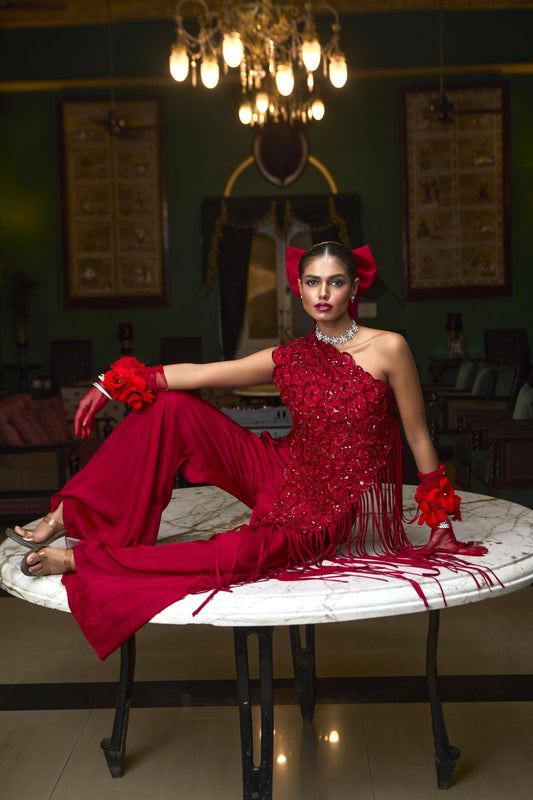 "Bark Edge" Cape With Bustier & Flared Pants