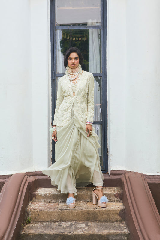 "Thread Logic" Jacket With Bustier & Draped Skirt