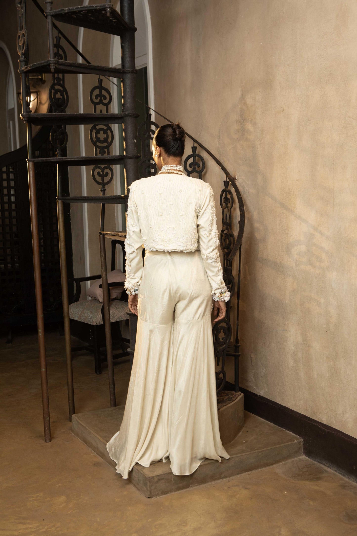 "Armor" jacket with Embroidered Blouse and flared pants