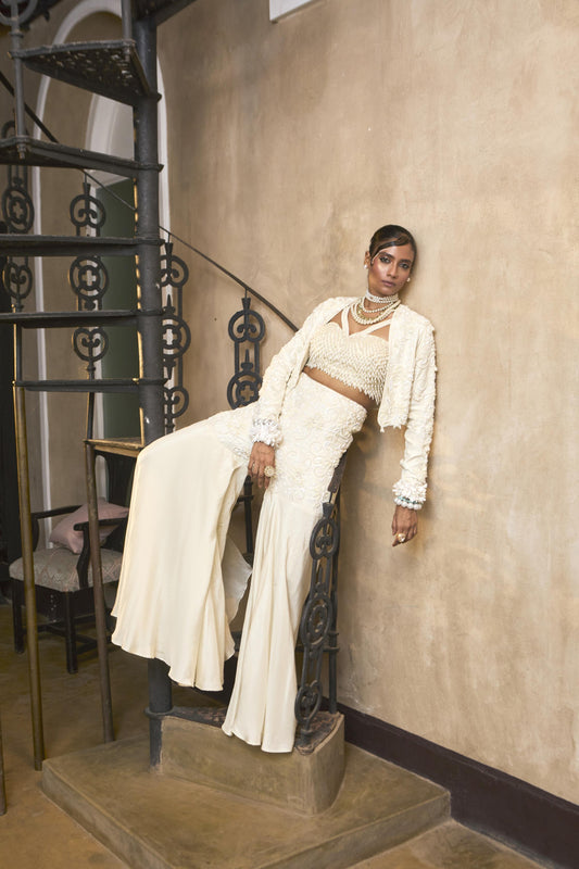 "Armor" jacket with Embroidered Blouse and flared pants