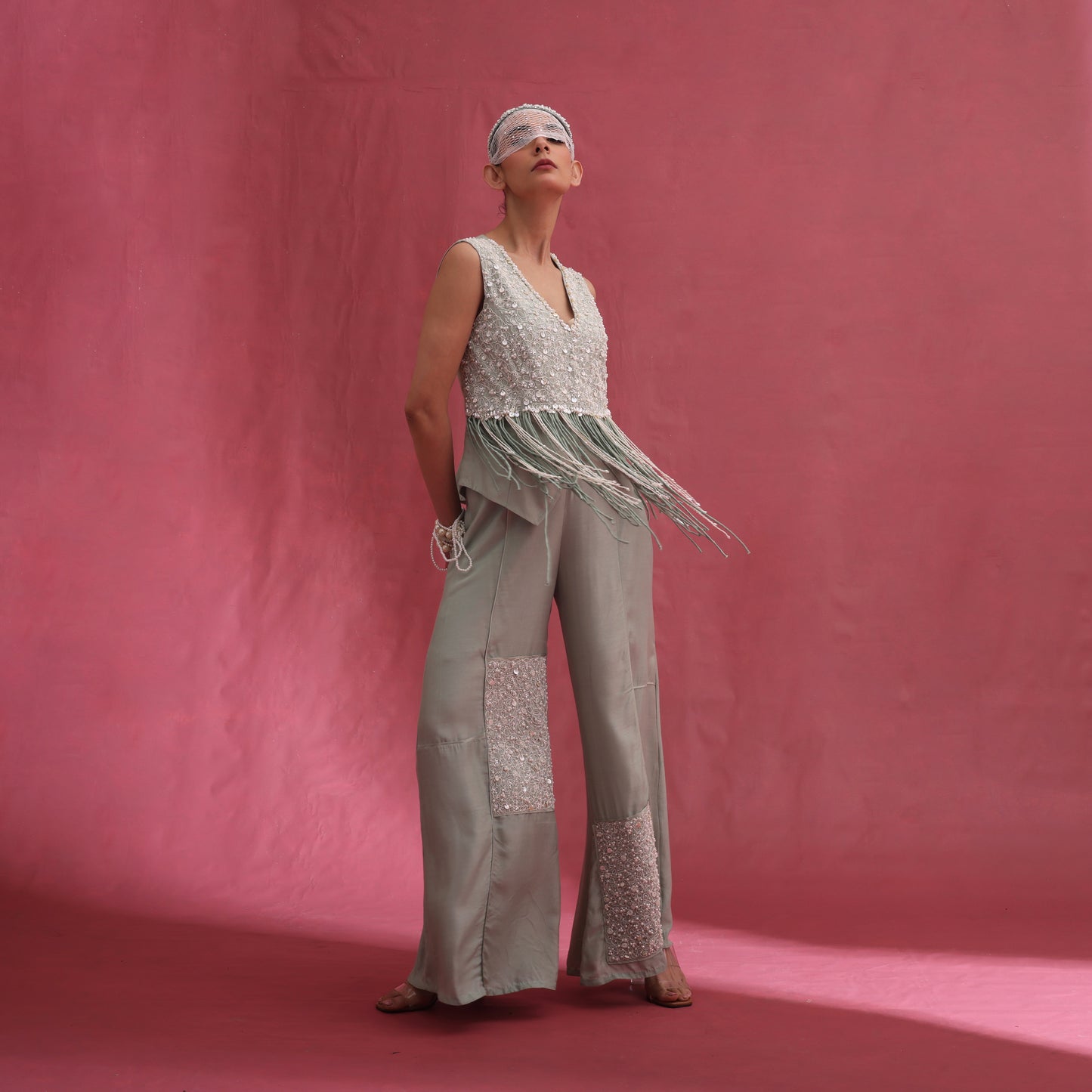"Ashen" Waistcoat & Embroided Patchwork Flared Trousers