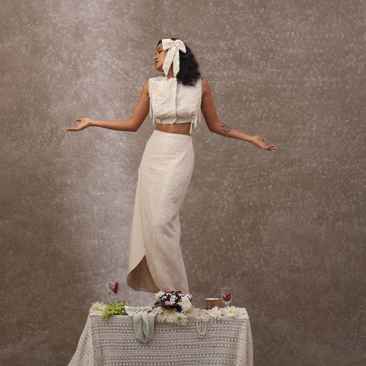 "Serrate" top with pencil skirt