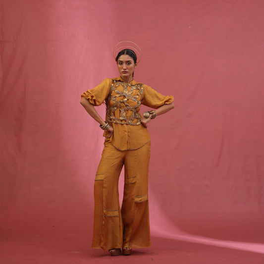 "Atoned" overlay with shirt & flared pants