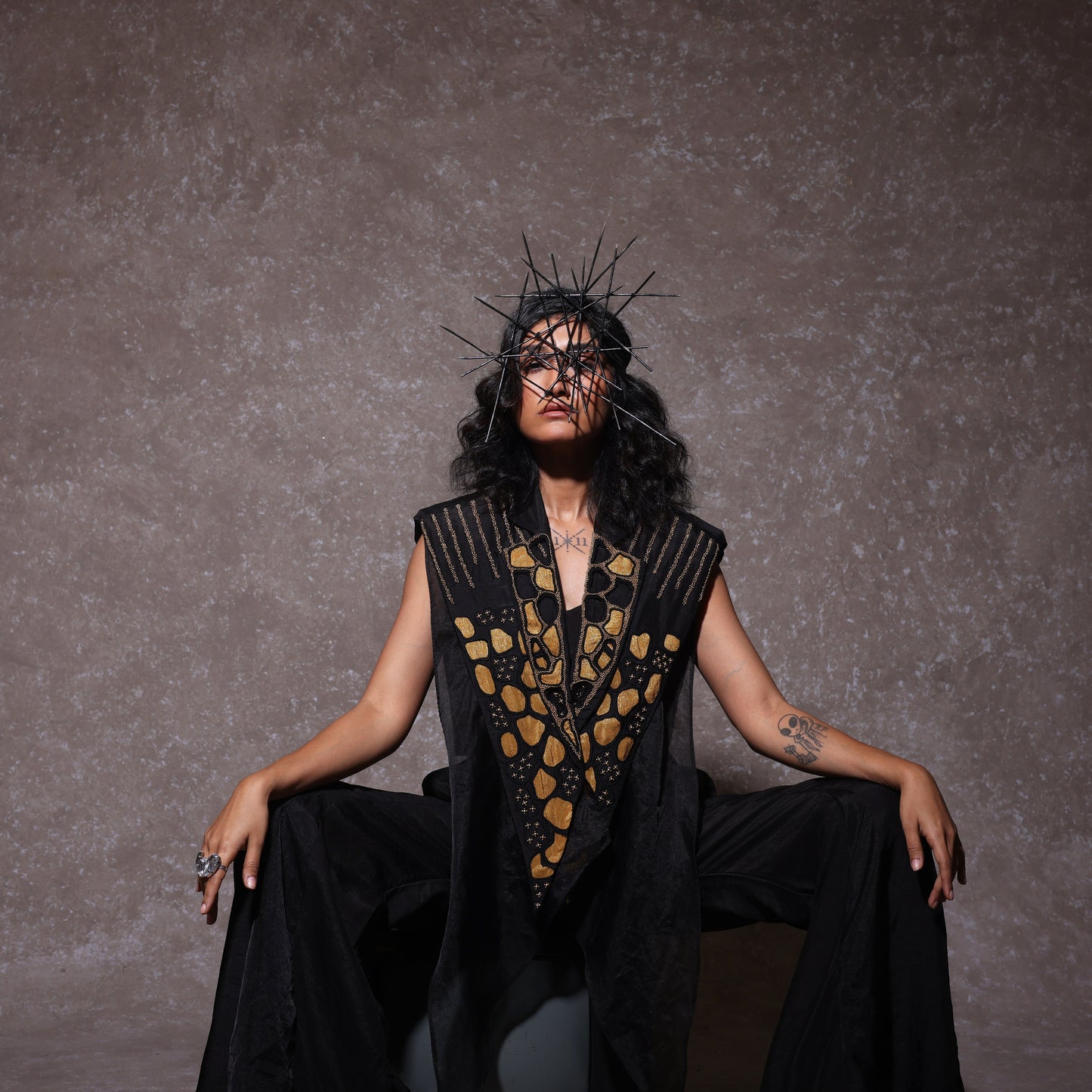 "Mitrail" overlay with Bustier and Flared Pants