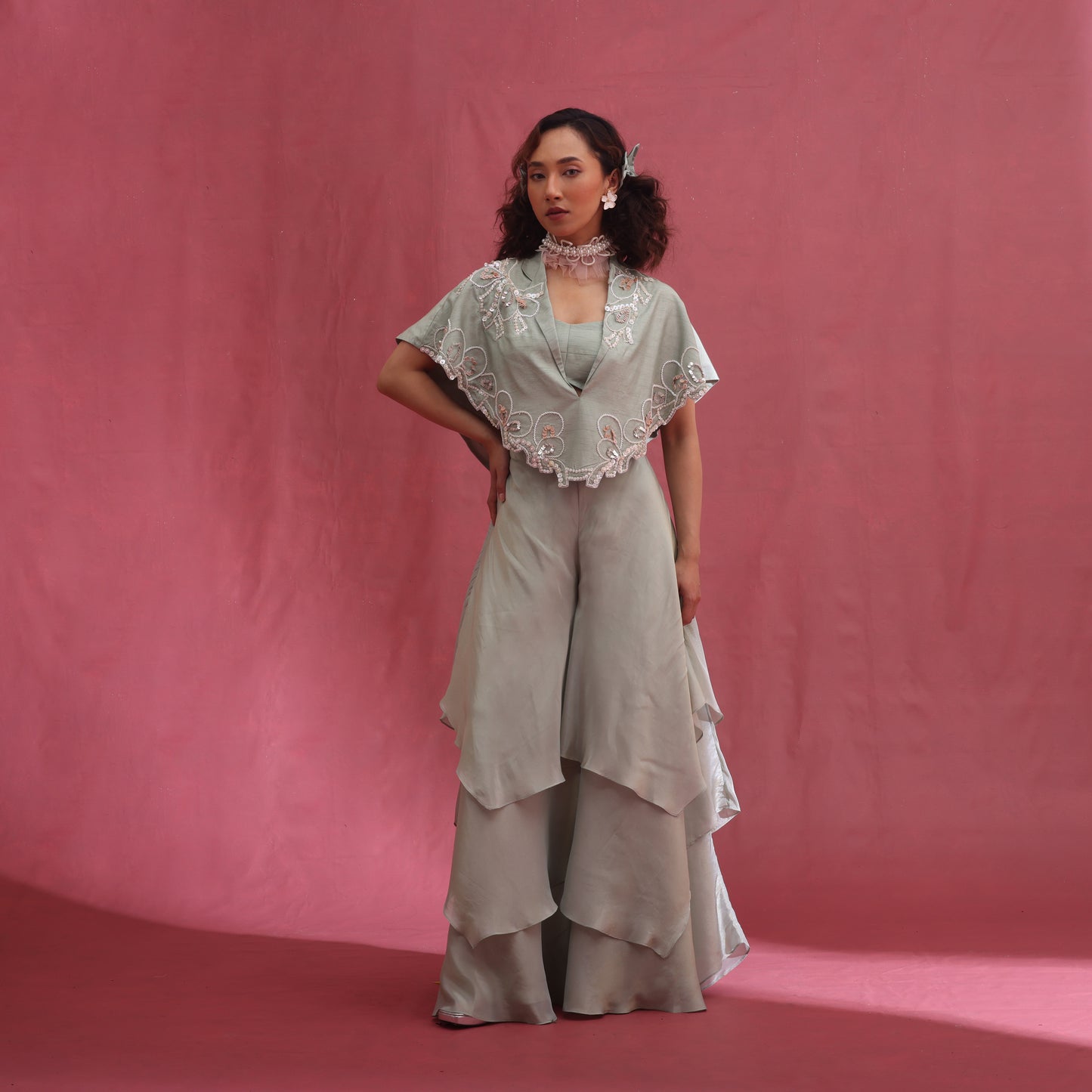 "Vanta" Cape, Bustier and Layered Flared Pants