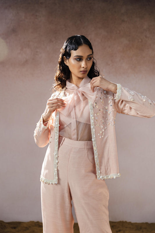 "Elowen" jacket with tie-up shirt, bustier & pants