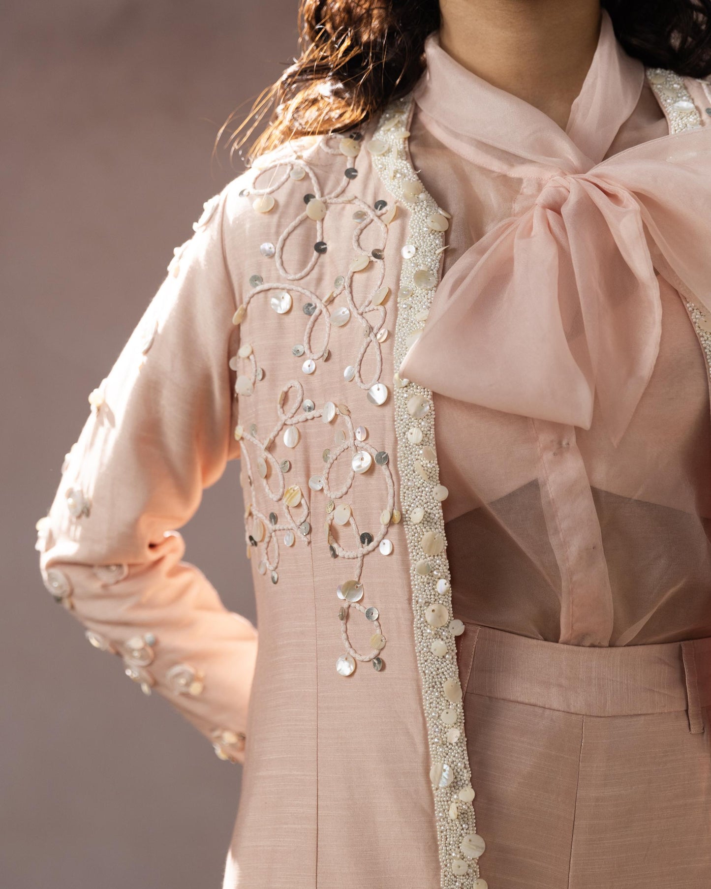 "Elowen" jacket with tie-up shirt, bustier & pants