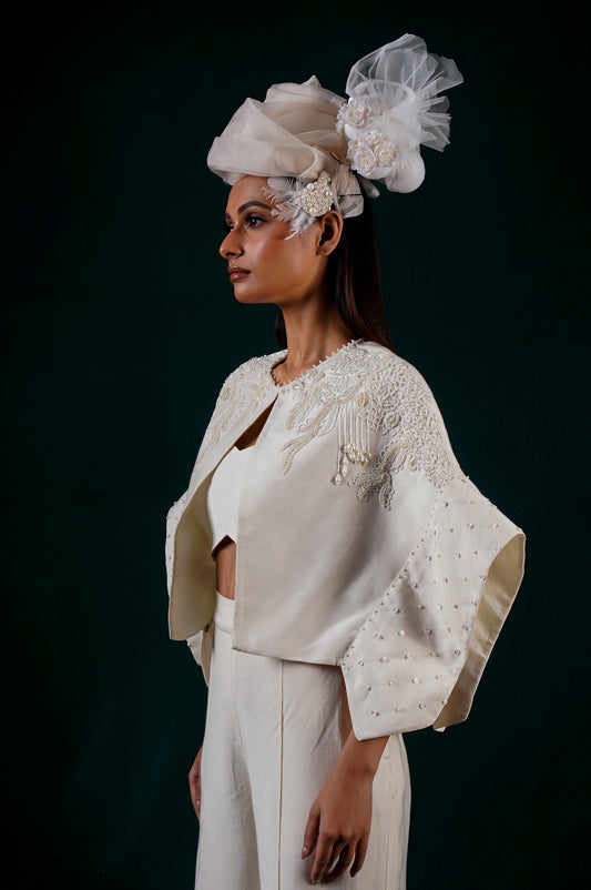 "Halo" cape jacket with bustier and pants
