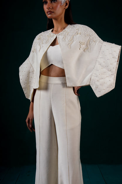"Halo" cape jacket with bustier and pants