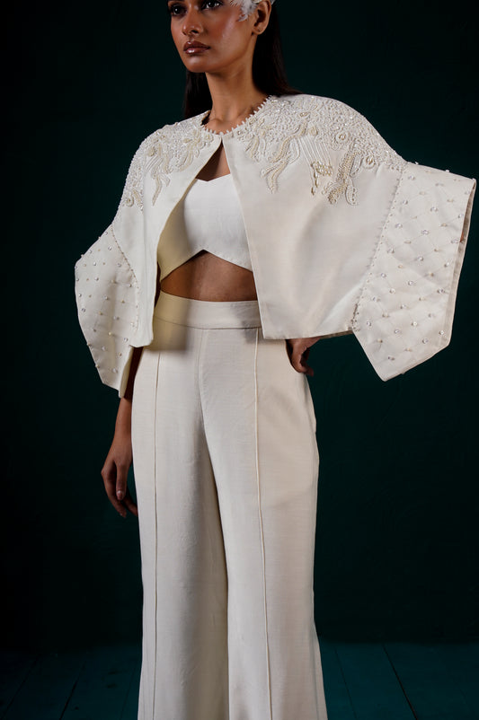 "Halo" cape jacket with bustier and pants