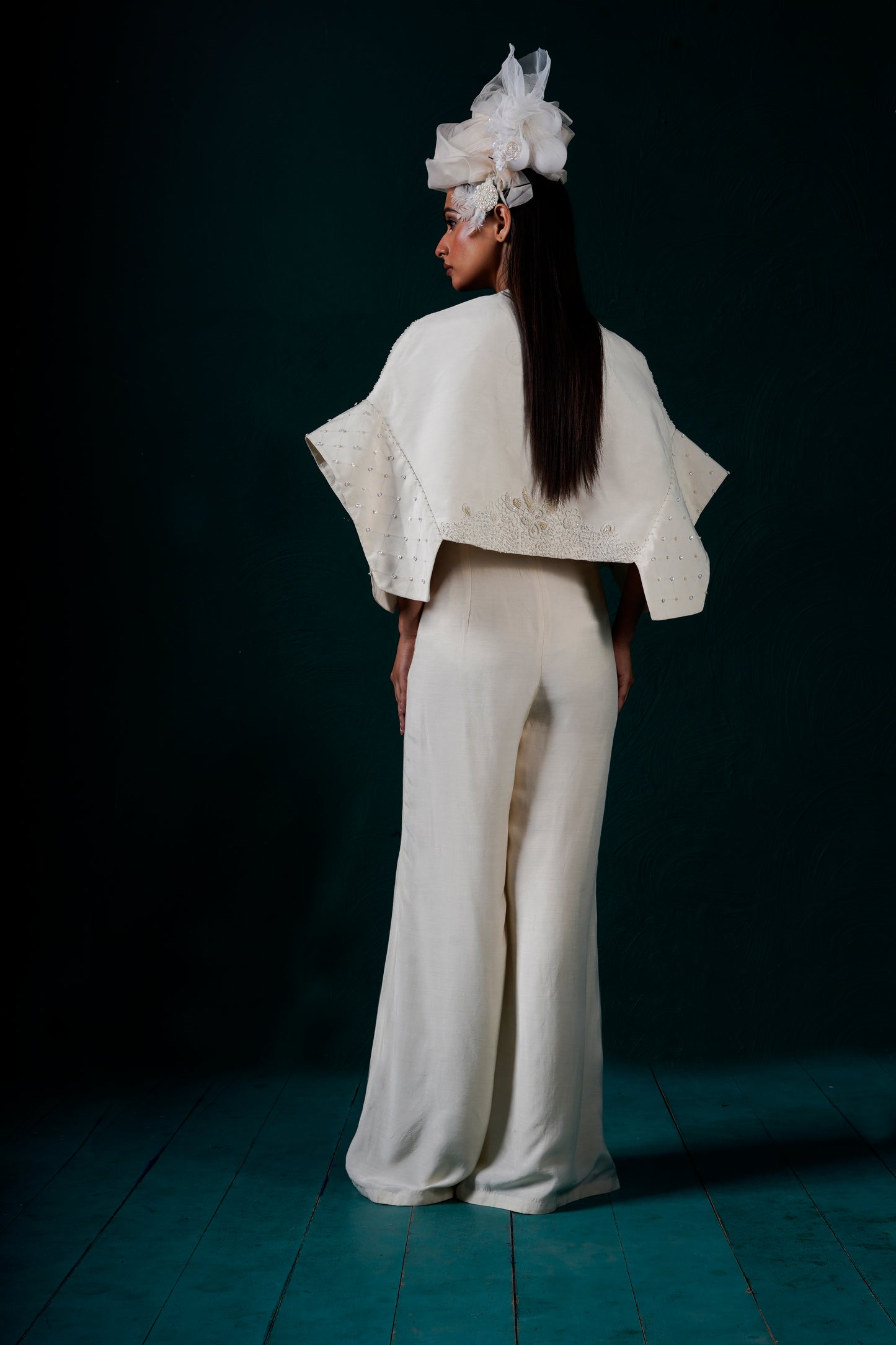 "Halo" cape jacket with bustier and pants