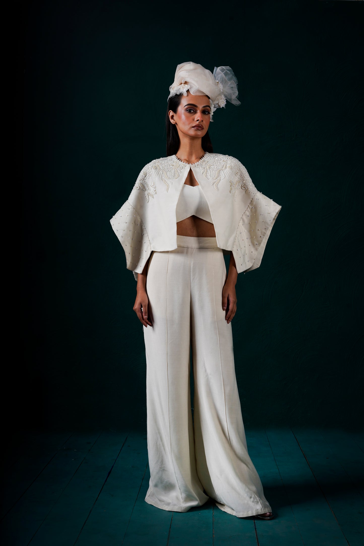 "Halo" cape jacket with bustier and pants