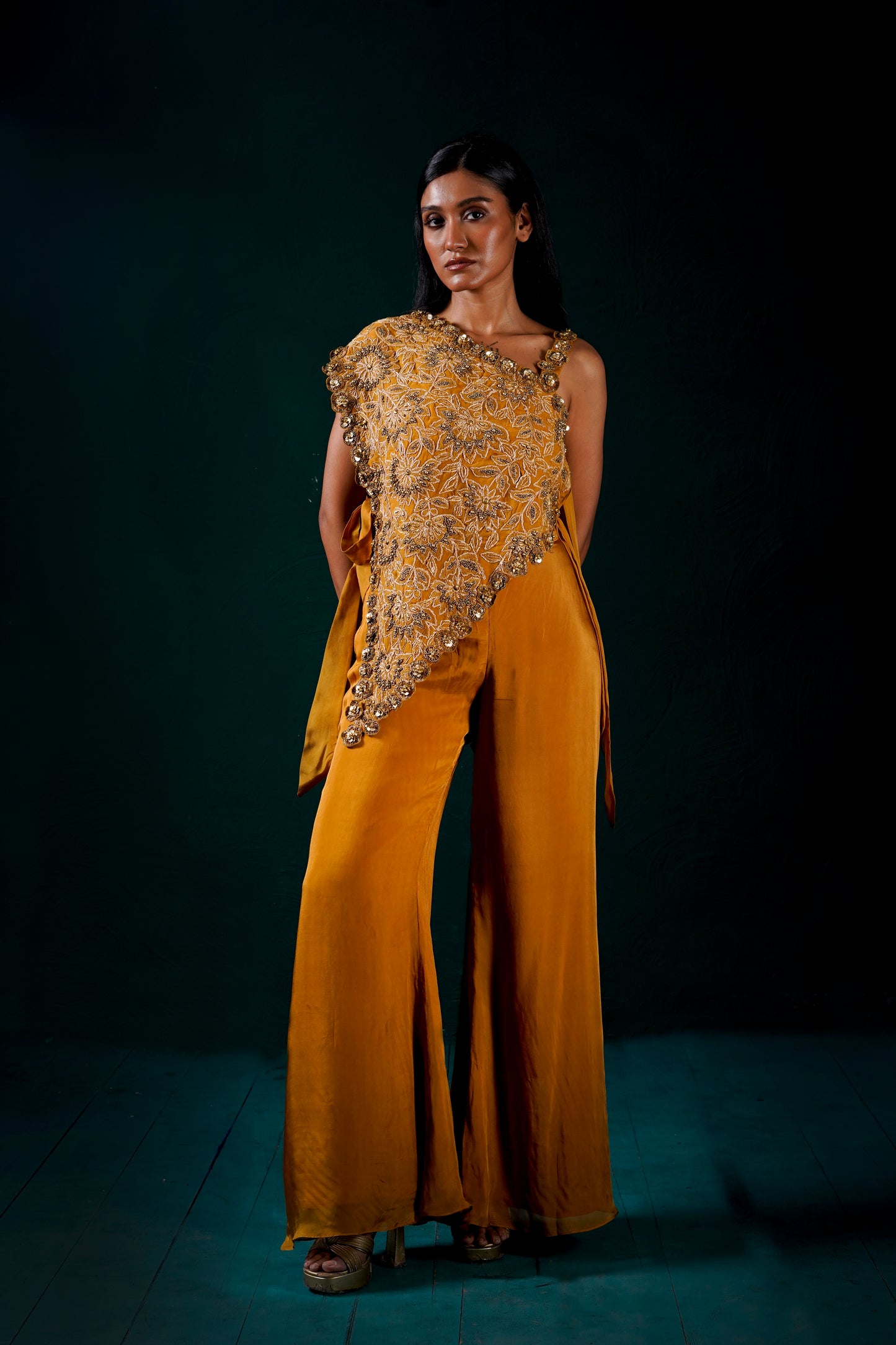 "Solenne" one shoulder cape with pants and bustier