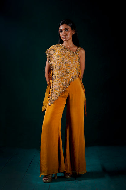 "Solenne" one shoulder cape with pants and bustier