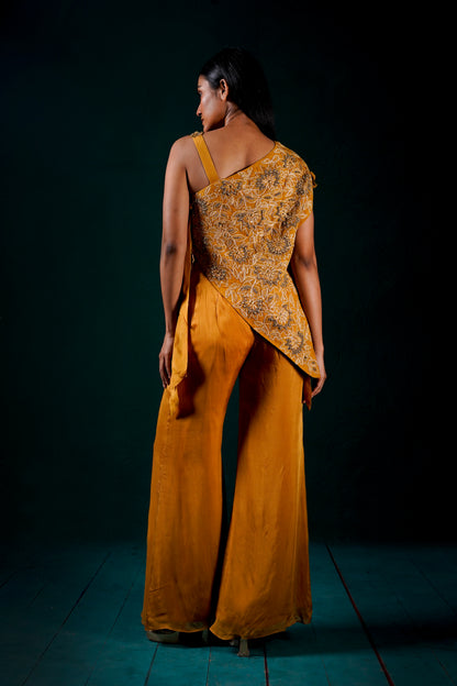 "Solenne" one shoulder cape with pants and bustier