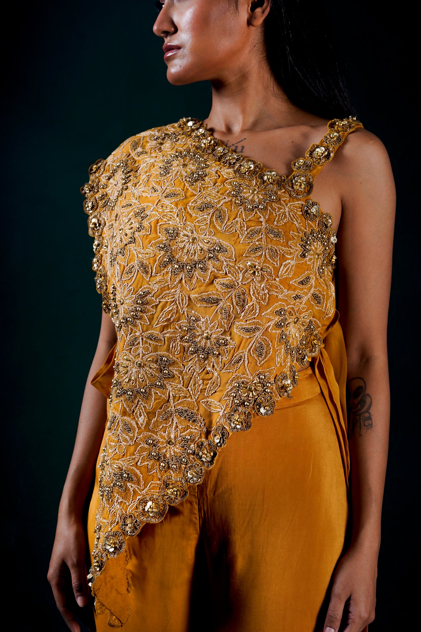 "Solenne" one shoulder cape with pants and bustier