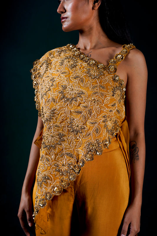 "Solenne" one shoulder cape with pants and bustier