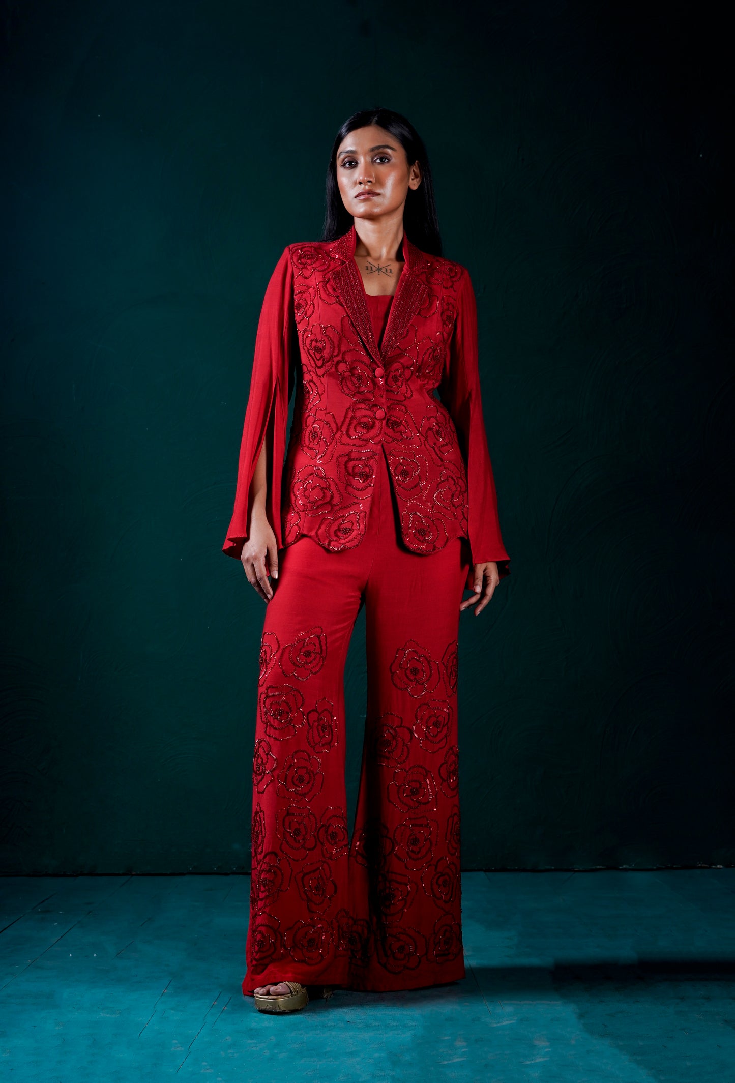 red pant suit