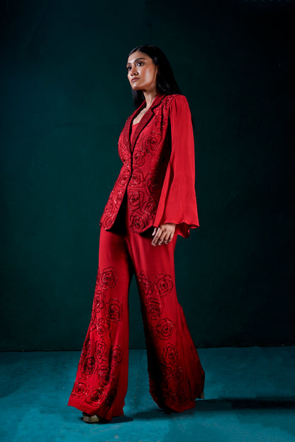 red pant suit