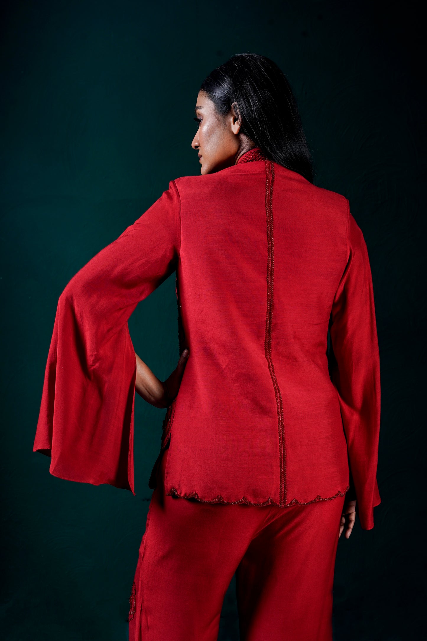 red pant suit