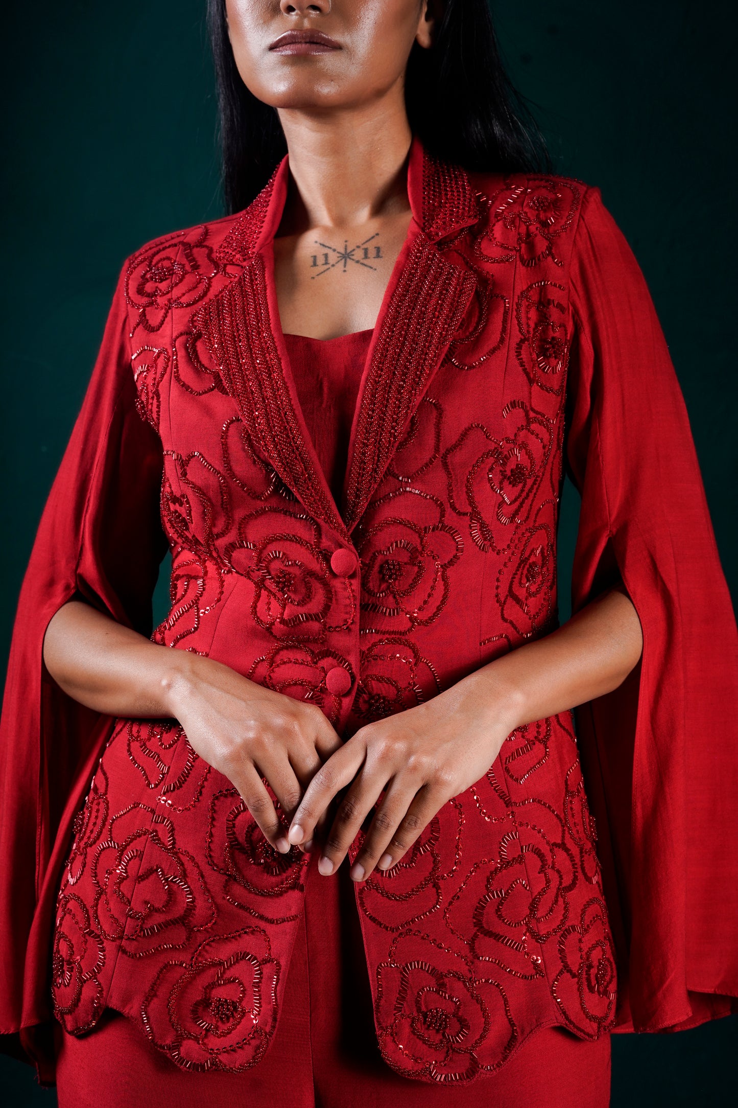 red pant suit