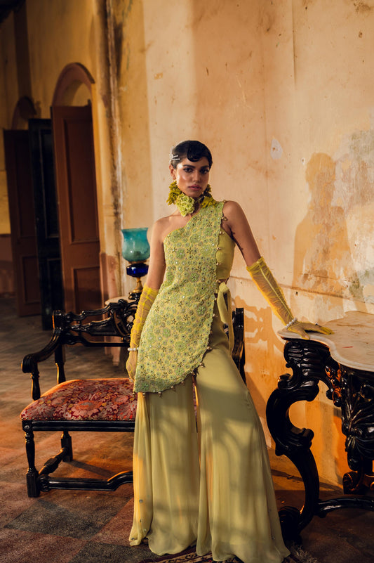 "Lichen" Overlay cape with bustier & flared pants