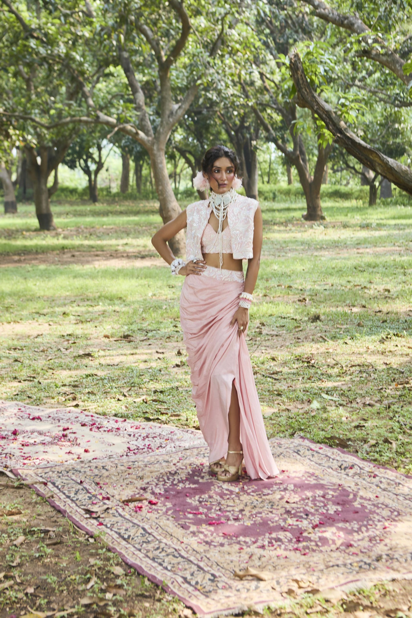 "Swan" jacket with embroidered Blouse & drape Skirt