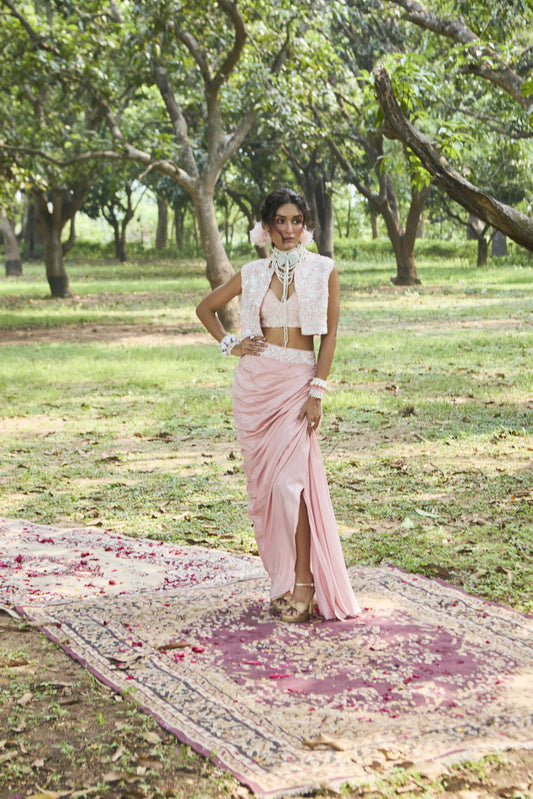 "Swan" jacket with embroidered Blouse & drape Skirt