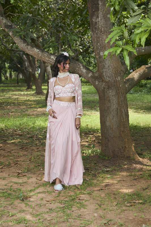 "Linn" Jacket with embroidered bustier & drape skirt.