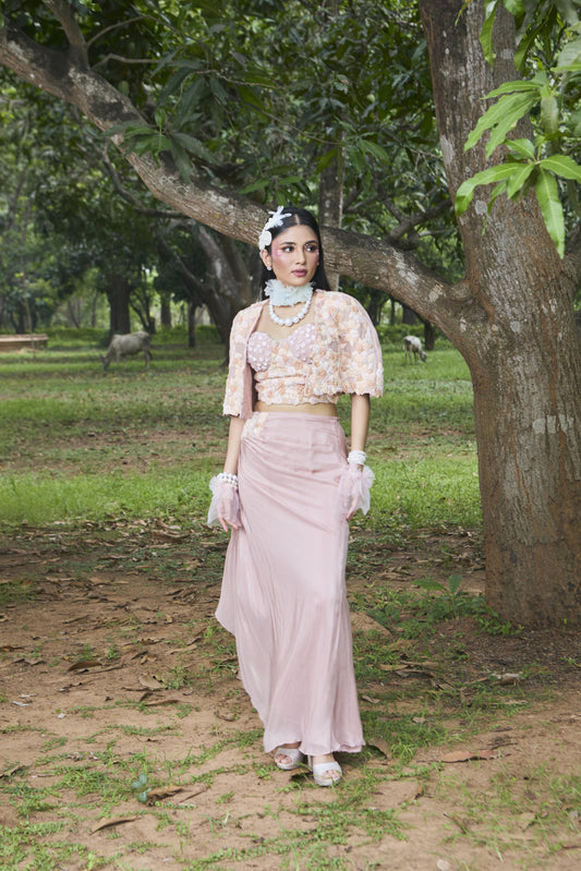 "Marie" cape with embroidered bustier & drape skirt.