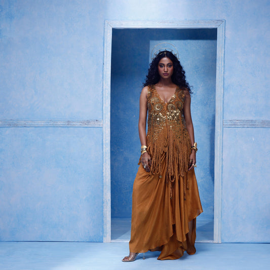 "Feathered Oath" Waistcoat With Drape Skirt