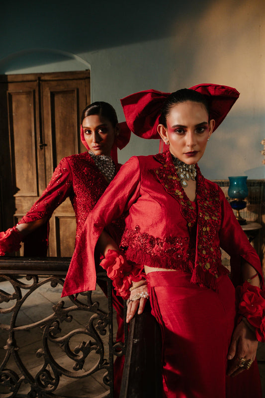 "Berry Silk" Jacket With Bustier & Flared Pants