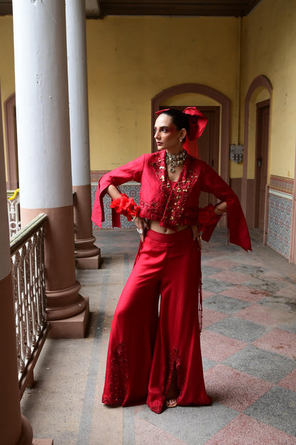 "Berry Silk" Jacket With Bustier & Flared Pants