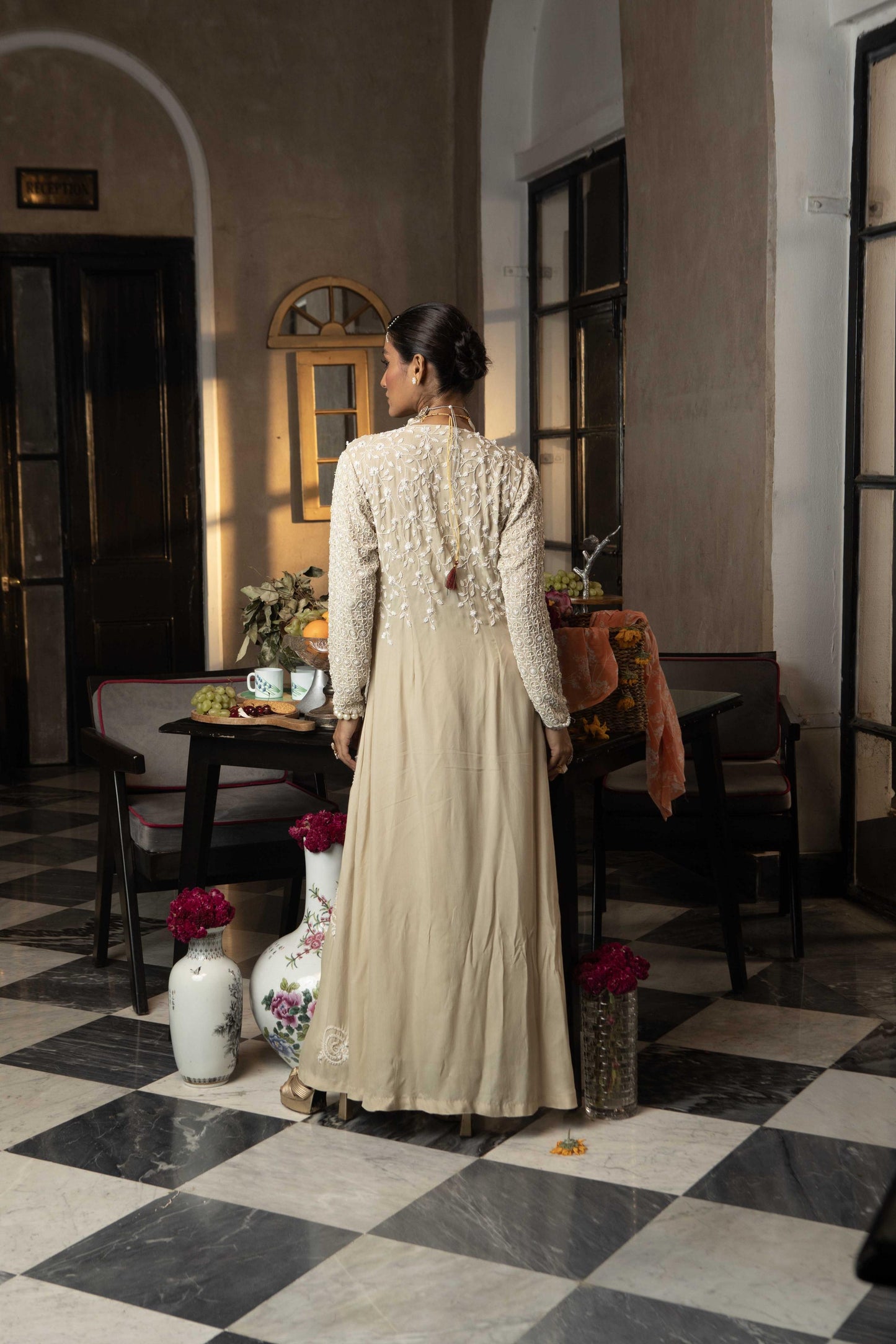 "Cameo" cape with bustier and drape skirt