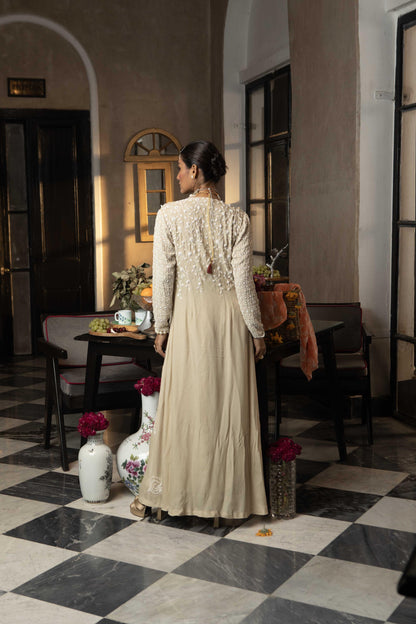 "Cameo" cape with bustier and drape skirt